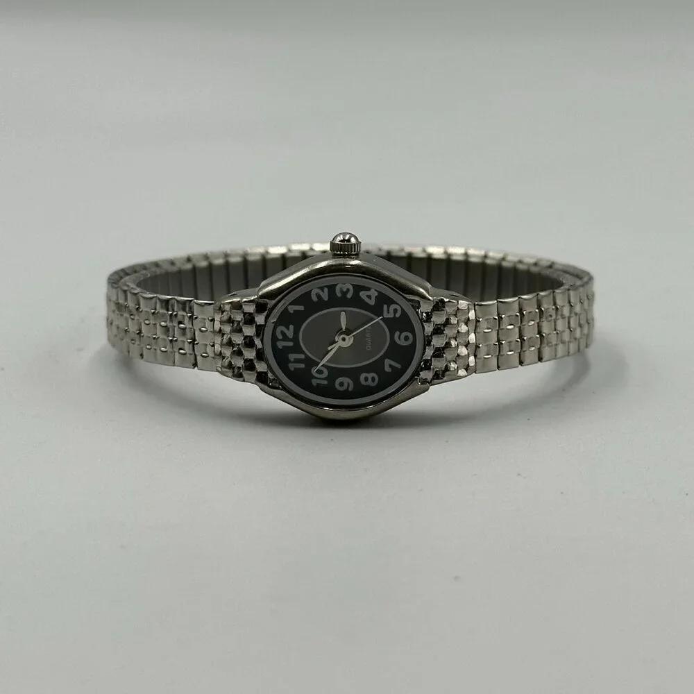 3/$30 Oval Dial Watch Women Black Face Silver Stretch Band New Battery 6.25